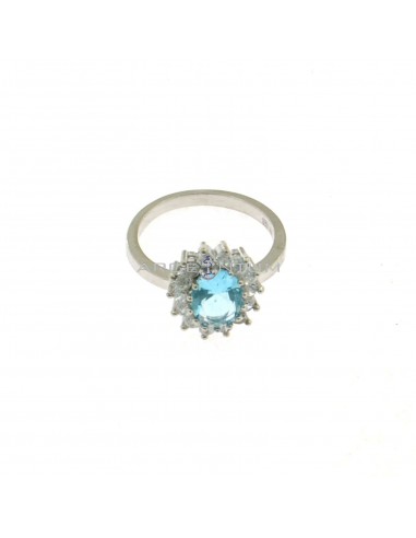 Ring with blue oval zircon in a white gold-plated white zircon frame in 925 silver (Size 10)