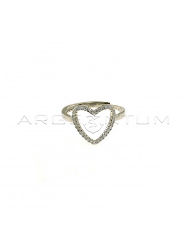 Anello regolabile con sagoma cuore curva zirconata bianca placcato oro bianco in argento 925