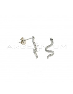 White zircon snake lobe earrings with white gold plated black zircon eyes in 925 silver