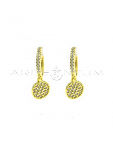 White semi-zircon hoop earrings with snap closure and round pendant in 925 silver yellow gold-plated white zircons pave