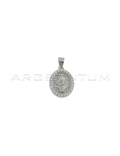 Ciondolo medaglia miracolosa con madonna incisa su base puntinata in cornice di zirconi bianchi placcato oro bianco in argento 925