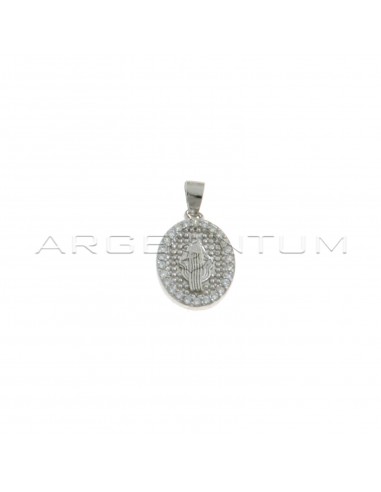 Miraculous medal pendant with madonna engraved on a dotted base in a frame of white zircons plated white gold in 925 silver