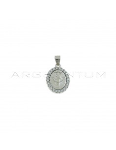 Miraculous medal pendant with white zircons frame white gold plated in 925 silver