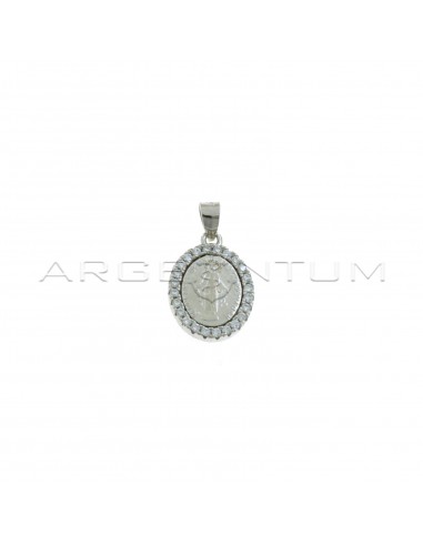 Miraculous medal pendant with white zircons frame white gold plated in 925 silver