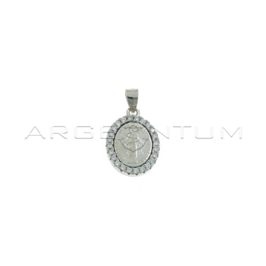 Ciondolo medaglia miracolosa con cornice di zirconi bianchi placcato oro bianco in argento 925