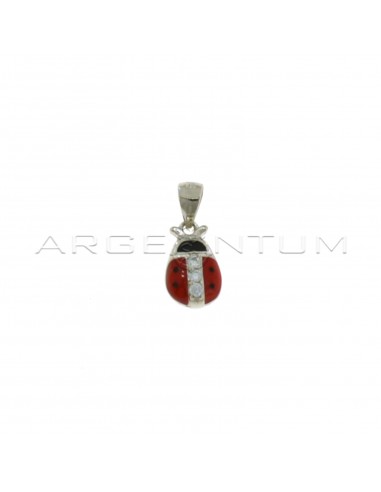 Rounded and enamelled ladybug pendant with white zircon detail white gold plated in 925 silver