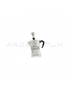 Rounded and shaped coffee pot pendant with white zircon details and black enamel details white gold plated in 925 silver