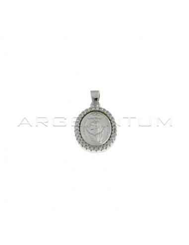 Miraculous satin medal pendant with white zircons frame white gold plated in 925 silver