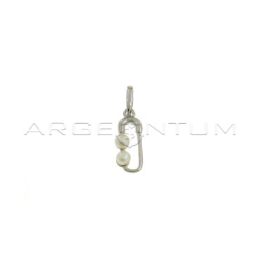 Safety pin pendant with white gold plated pearls in 925 silver