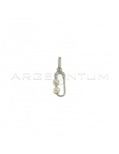 Safety pin pendant with white gold plated pearls in 925 silver