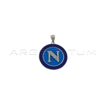 Napoli blue and blue enamelled medal pendant with white zircon letter N white gold plated in 925 silver