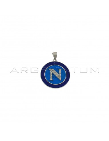 Napoli blue and blue enamelled medal pendant with white zircon letter N white gold plated in 925 silver