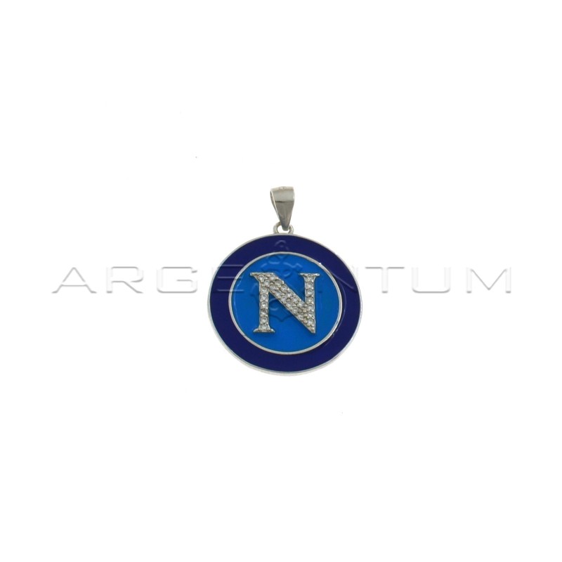 Napoli blue and blue enamelled medal pendant with white zircon letter N white gold plated in 925 silver
