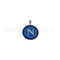 Ciondolo medaglia Napoli smaltata azzurra e blu con lettera N zirconata bianca placcato oro bianco in argento 925
