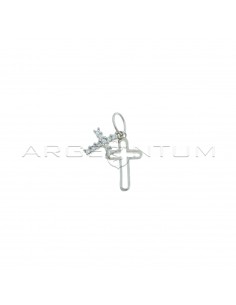 Pendant with oval wire cross and white gold plated cross of white zircons in 925 silver