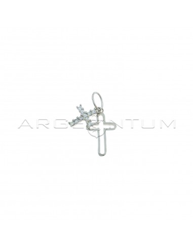 Pendant with oval wire cross and white gold plated cross of white zircons in 925 silver