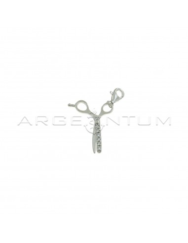 White semi-zircon scissors pendant with white gold plated carabiner hook in 925 silver