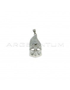 Convex and perforated pulcinella mask pendant with hat in white zircons pave white gold plated 925 silver