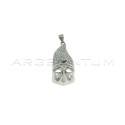 Convex and perforated pulcinella mask pendant with hat in white zircons pave white gold plated 925 silver