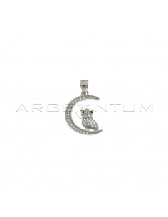 White zircon moon pendant with white semi-circle owl with black zircon eyes white gold plated 925 silver