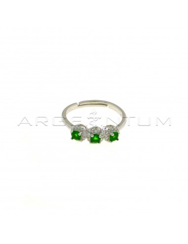 Adjustable trilogy ring with green central zircons in white zircon frames white gold plated in 925 silver