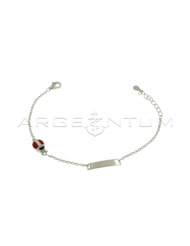 Forced mesh bracelet with central plate and side ladybug with white enamelled zircons in white gold plated 925 silver
