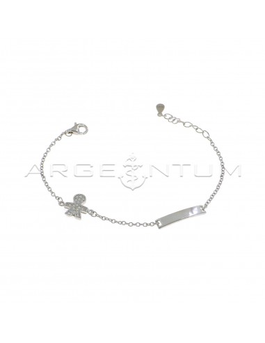 Forced mesh bracelet with central plate and side child in white zircons pave white gold plated in 925 silver