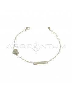Forced mesh bracelet with central plate and side convex heart in white zircons pave white gold plated 925 silver