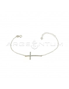 Forced mesh bracelet with white zircon central cross in white gold plated 925 silver