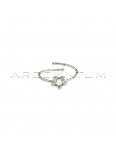 Adjustable wire ring with central striped star shape in white gold plated 925 silver
