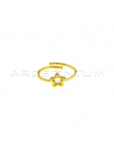 Adjustable wire ring with central striped star shape in 925 silver plated yellow gold
