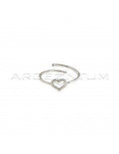 Adjustable wire ring with central striped heart shape in 925 silver plated white gold