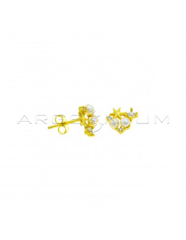 Lobe earrings with star attachment, 3 light points and yellow gold plated pearls in 925 silver