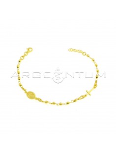 Bracciale del rosario maglia a catena con sfere diamantate, croce laterale e medaglia miracolosa laterale placcato oro giallo in argento 925