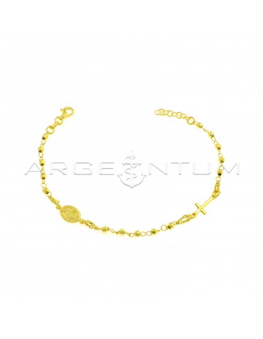 Rosary bracelet chain link with diamond spheres, lateral cross and lateral miraculous medal plated yellow gold 925 silver