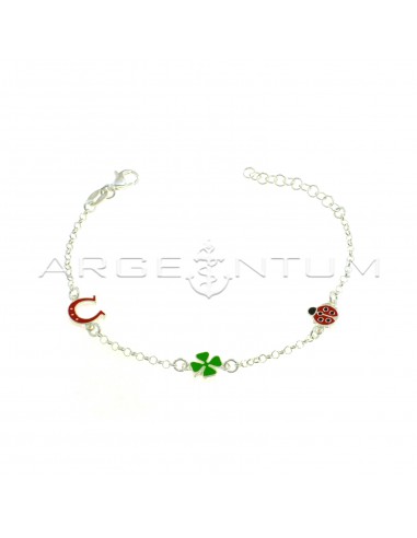 Rolo mesh bracelet with horseshoe, four-leaf clover and ladybug enameled in 925 silver
