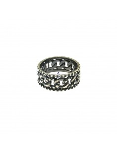 Band ring with alternating dotted and shiny link chain motif and dotted edges in burnished 925 silver (Size 24)