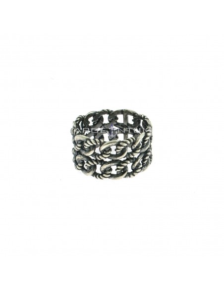 Band ring with alternating dotted and shiny link chain motif and dotted edges in burnished 925 silver (Size 24)