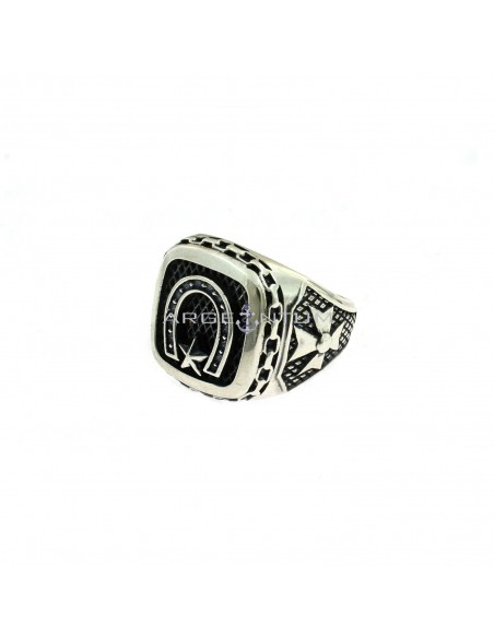 Square shield ring with burnished mesh background in double shiny frame and chain, burnished horseshoe center and shiny rounded star and engraved and burnished sides with shiny Maltese crosses plated white gold in 925 silver (Size 22)