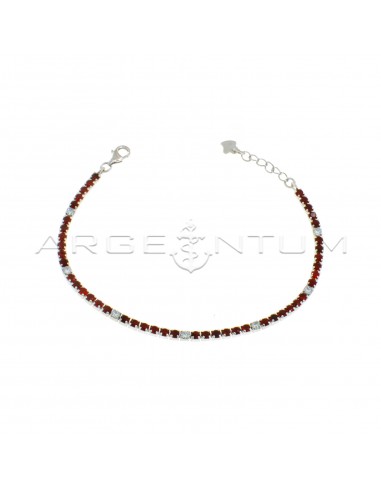 Tennis bracelet with 6 red and 1 white zircons of 2.5 mm white gold plated in 925 silver
