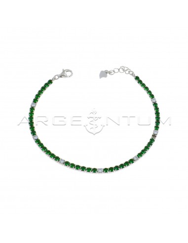 Tennis bracelet with 6 green and 1 white zircons of 2.5 mm white gold plated in 925 silver
