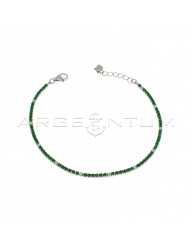 Tennis bracelet with 6 green and 1 white zircons of 1.5 mm white gold plated in 925 silver