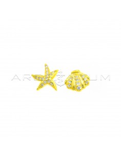 Unequal lobe earrings white and striped half-zircon shell and white zircon starfish yellow gold plated 925 silver