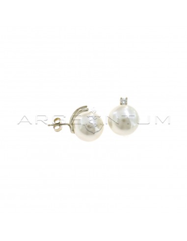 Lobe earrings with 14 mm pearl and white light point, white gold plated in 925 silver