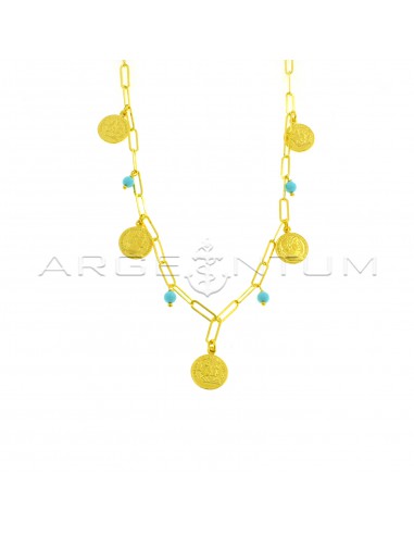 Biscuit link necklace with paired and engraved coins and turquoise paste spheres pendants yellow gold plated in 925 silver