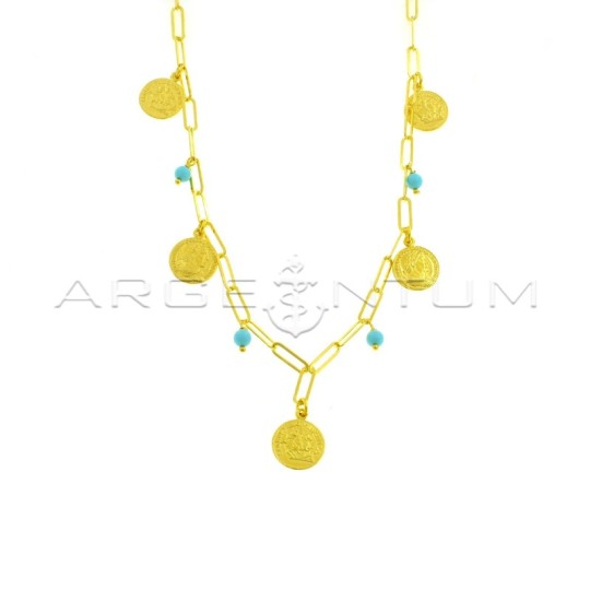 Collana maglia biscotto con monete accoppiate e incise e sfere in pasta di turchese pendenti placcata oro giallo in argento 925