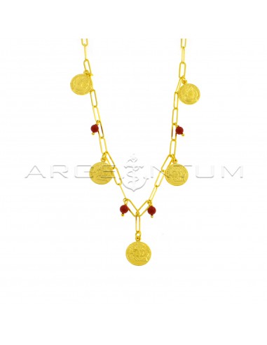 Biscuit link necklace with paired and engraved coins and coral paste spheres pendants yellow gold plated in 925 silver