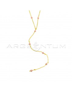 Collana a Y maglia rolò diamantata alternata a sfere in pasta di corallo rosa placcata oro giallo in argento 925