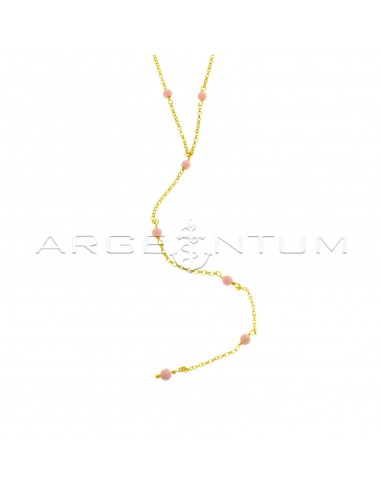 Y necklace with diamond-coated rolo link alternating with spheres in pink coral paste, yellow gold plated in 925 silver