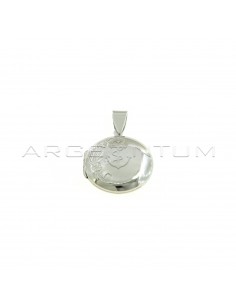 Round photo frame pendant with engraved front side and shiny back side white gold plated in 925 silver